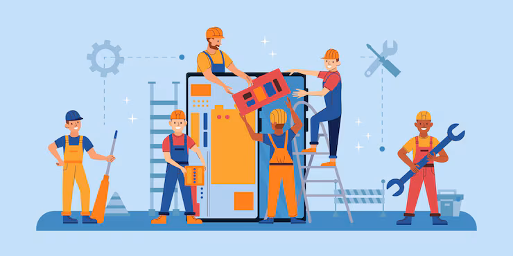 service reparation telephone composition plate ingenieurs demontant smartphone illustration vectorielle fond bleu 1284 80867